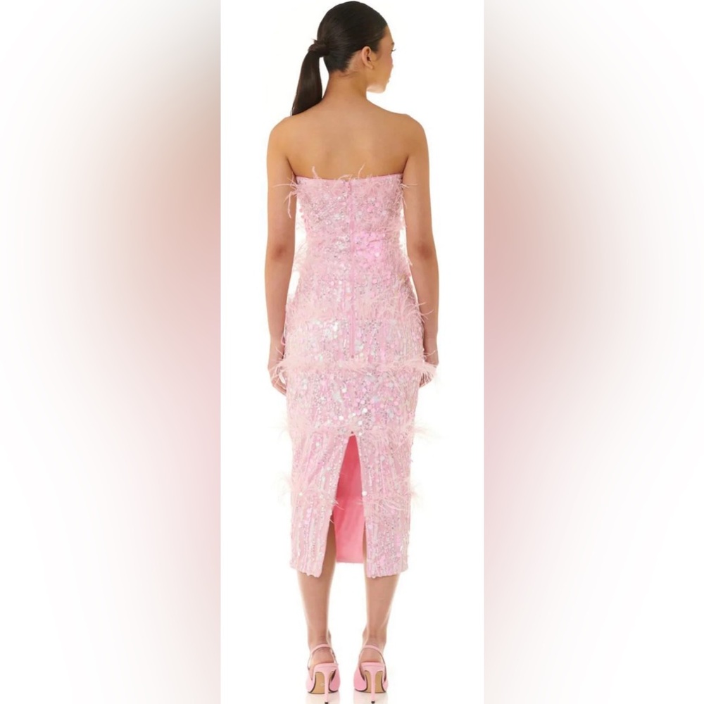Strapless Pink Midi Dress with Feather & Sequin Detailing and custom cape - Picture 10 of 15